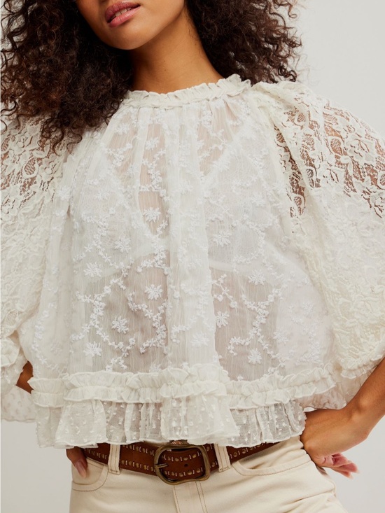 Free People Jackets & Blazers - Free People Ivory Sheer Lace Ruffle Peasant Poncho